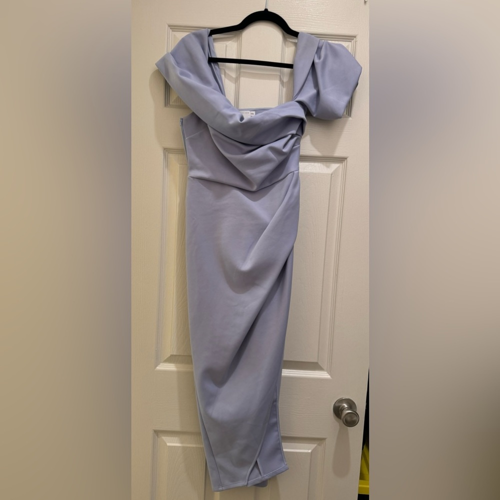 Petite Off Shoulder draped wrap midi dress in cosmic Blue - Picture 2 of 6